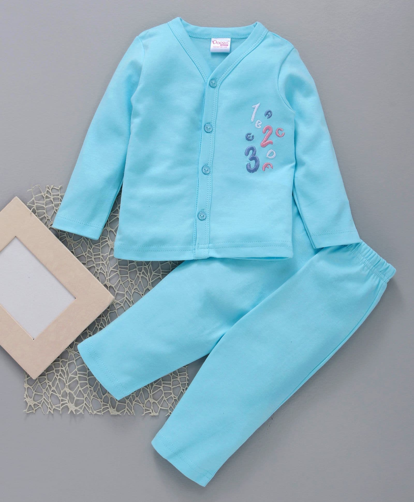 Popees Full Sleeves Cotton Night Suit Numbers Patch - Light Blue