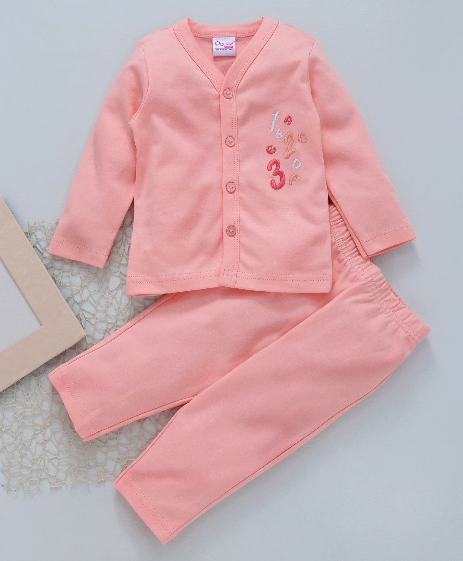Popees Full Sleeves Cotton Night Suit Numbers Patch - Peach