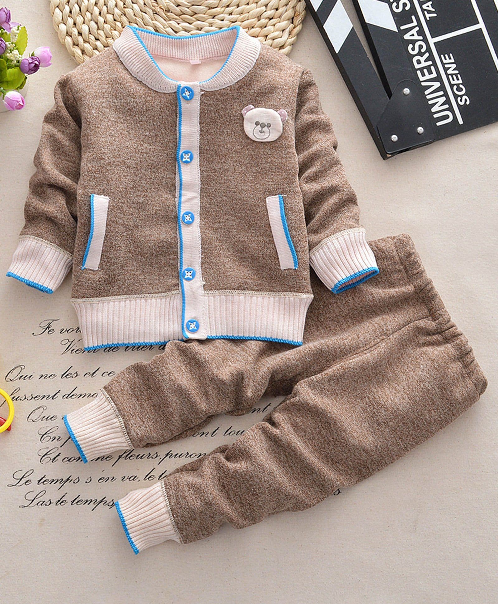 Pre Order - Lil Mantra Bear Patch Full Sleeves Sweater & Bottom Set - Brown