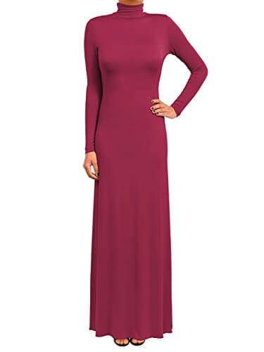 Wearious Plain Polo Turtle Neck Long Sleeve Full Length Maxi Dress (Wine 10)