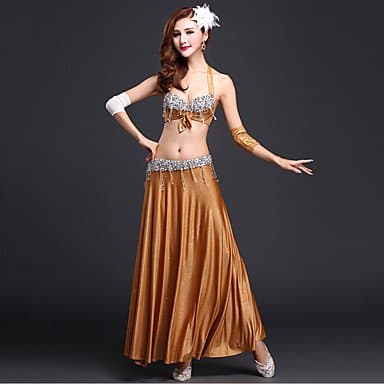 JXILY HJL Belly Dance Outfits Women's Performance Rayon Sequins Split Front 3 Pieces Gold/Purple/Dark Blue/Light Red, gold, l