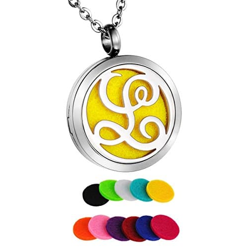 TIANBAO Aromatherapy Essential Oil Diffuser Necklace Monogram Letter L Locket Pendant with 24" Chain 12 Refill Pads