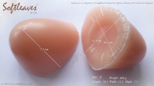 Softleaves W100 Silicone Breast Forms (8 - (16.5 x 11.5 x 7.5 cm) 600g, Nipple Colour is Darker than the breast form colour)