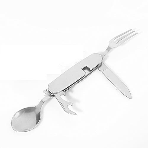 4 in 1 Fork Knife Spoon Bottle Opener Set Stainless Steel Foldable Multifunctional Camping Hiking Utensil Tool