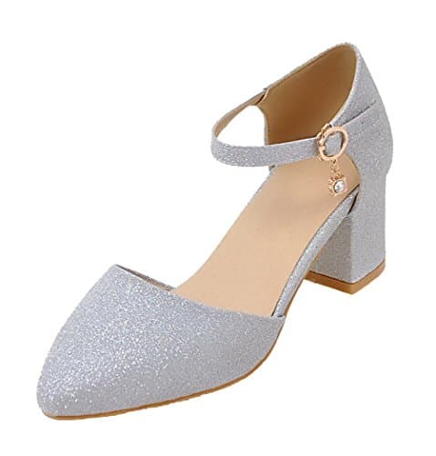 AgeeMi Shoes Women Solid Buckle Kitten-Heels Pointed-Toe Sequins Pumps-Shoes,EuD82 Silver 41