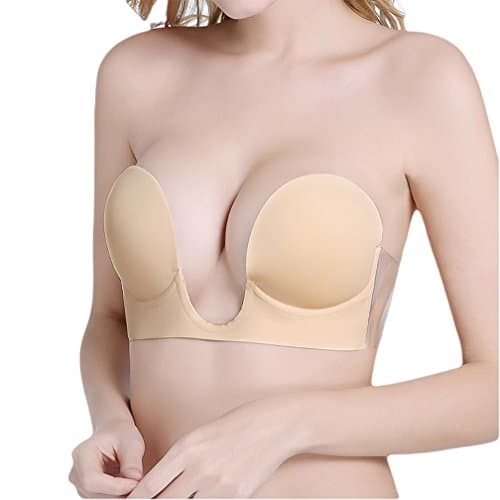 HUBORLOVES Self Adhesive Deep U Plunge Bra Push Up Backless Sticky Adhesive Invisible Bra - Beige -