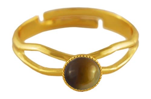 24K Gold Plated Minimalist Ring Adjustable Universal Size Round 5mm Light Brown Agate Striped Czech Glass Stone Handmade BohemStyle