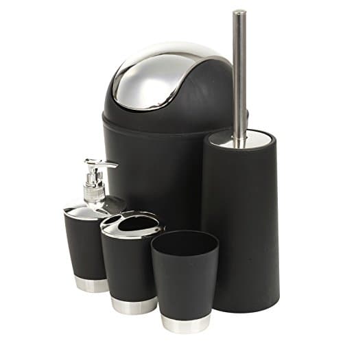 EGT 5 Piece Bathroom Matching Accessory Set Black/White Dustbin Toilet Brush Soap