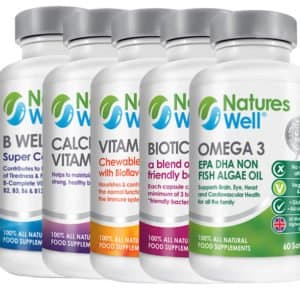 Fasting, Diet & Detox Bundle, 100% Halal Certified & Kosher, Potent & Premium Quality Supplements, Omega 3 EPA DHA Algae Oil, Biotic Well (ProBiotic), Vitamin C 500mg, Calcium & Vitamin D, (B Well) B Complete Vitamins all 60 Supply, Optimised Vegetarian Supplements by Natures Well