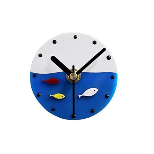 MCC Adsorption wall clock magnetic refrigerator - round small fish Mediterranean style - 8.5cm , white blue