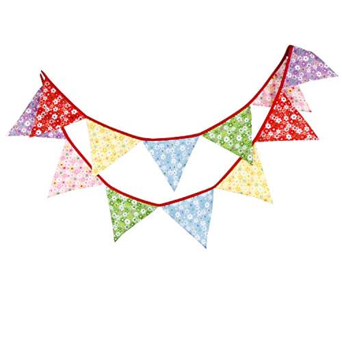 [Multicoloured Red] 3.2m Double Sided Vintage Chic Floral Fabric Bunting Garland Shabby Tea Party Banner