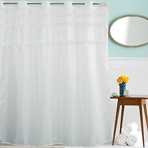 Hookless/Hooks Fashion Quick-dry Mold and Mildew Resistant Pure White Lace Polyester Fabric Bathroom Shower Curtain, 100% Waterproof & Eco-Friendly (Hookless)