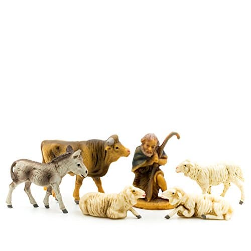 Shepherd with ox, donkey and 3 sheep (plastic material), to 2.75 in. Figures