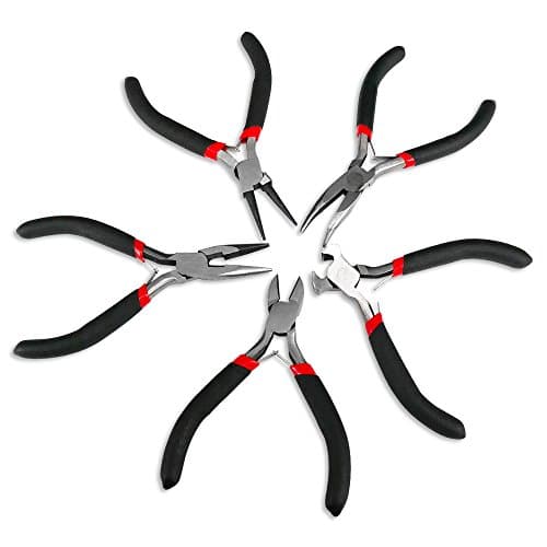 Jazzka Mini Pliers Tools Set 5 Pieces Wire Cutter Round Bent Flat Nose Kit Jewellery Making Beading Cutting with Soft Grip Handles