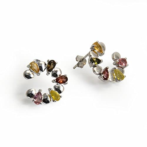 925 Sterling Silver Studs Expertly made with Enchanted Colorful Moon Shape Gemstone Tourmaline Earrings for Women Girls (Silver Gold)