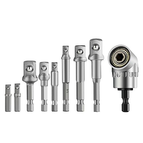 105 Degree Right Angle Driver Angle Extension Power Screwdriver Drill + 8Pcs Socket Adapter Impact Hex Shank Drill Bits Bar Set 1/4" 3/8" 1/2" for Drill CR-V Quick Change Nut Driver Socket Bit Set