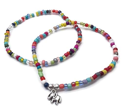Elephant Charm Anklet Set, Bright Summer Colour Mix Glass Seed Beads, 1 Plain and 1 with Silver Tone Charm : Size 10 inches, Wild Animal Lover, Beach Boho Jewellery
