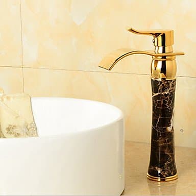 Soild Brass Gold Finish Marble Stone Body Single Handle Cold and Hot Water Tap Bathroom Waterfall Bain Faucet