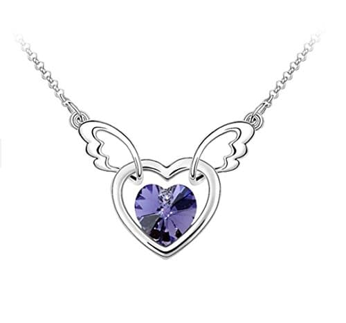 Silver Tone Angle Wings with Amethyst Purple Heart Swarovski Elements Crystal Pendant Necklace Fashion Jewellery