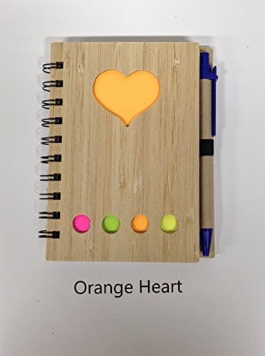 Bamboo Cover Note Book with Recycled Paper/Pen and Post It Notes (Heart Orange)