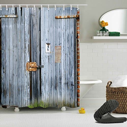 Gray Rustic Wood Bar Barn Door,Rusty Iron Lock ,Shower Curtain Decor,150W x180H CM,Waterproof Polyester Fabric Bathroom Decoration Curtain,No Rod