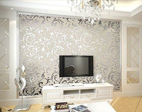 HANMERO High-grade Flocking Victorian Embossed Wallpaper Roll Silver and Gray Color Wallpaper Three Rolls