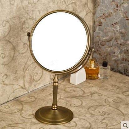 Diongrdk Full Copper Antiquated Desktop Vertical Make-Up Mirror, Retro Cosmetology Mirror Can Rotate Double Side Three Times Magnified Bathroom Mirror