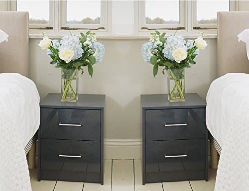 Pair of High Gloss Bedside Two Drawer Cabinets - Grey