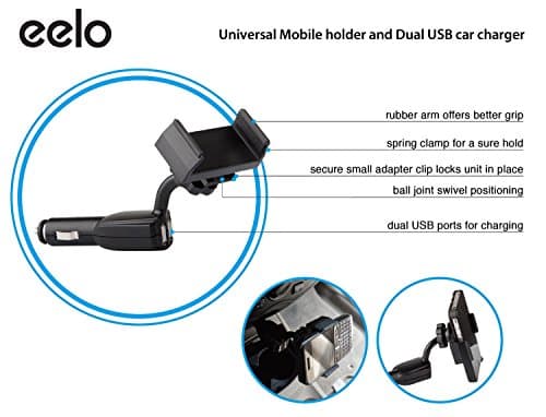 eelo Dual USB Charger with Universal Mobile Holder / Mount - Heavy Duty 2A Dual Port USB Car Charger for Iphone 6s, Iphone 6, iPhone 6S Plus, Samsung Galaxy S6, Samsung Galaxy S7 Edge , LG G5, Sony Z5, HTC 10