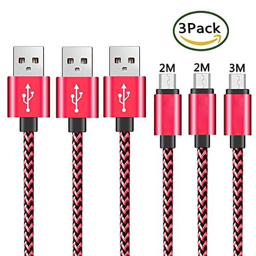 Micro USB Cable [ 3-Pack 2M 2M 3M] High Speed USB 2.0 Sync and Charging Cables for Samsung HTC Motorola LG Sony Blackberry Smartphones Tablets, Red