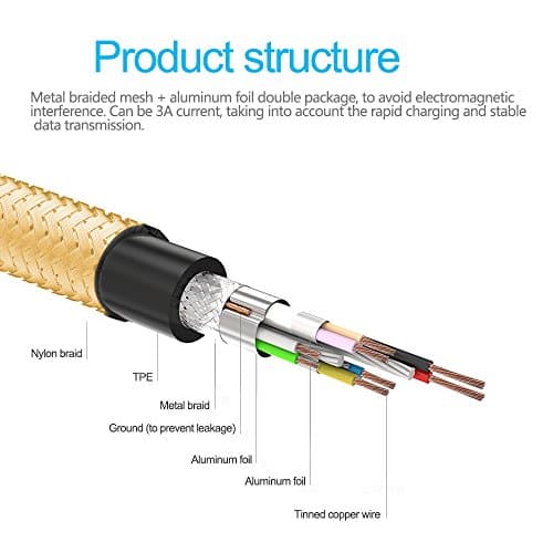 USB Type C Cable, ALIENSX 6.6ft(2m) Nylon Braided Reversible USB C to USB 3.0 A Cable Hi-speed Charging &amp; Data Transfer Cable,Compatible with New Macbook Pro , One Plus 2/3, Nokia N1, Google ChromeBook Pixel/Nexus 6P/5X,Huawei p9 Mate 9 pro (6.6ft Gold)