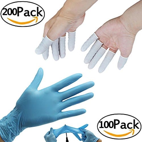 100 x Nitrile Disposable Gloves, MEDIUM NON-Powdered Blue and Finger Cot 200 PCS Latex Anti-static Finger Covers Finger Tip Rubber Protect Keeping Dressing Dry and Clean
