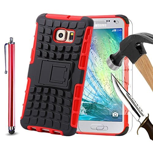 For Samsung Galaxy J3(2017), Armor Case Tough Rugged Shock proof Armorbox Dual Layer Heavy Duty Carrying Hybrid Hard Slim Protective Case For Galaxy J3(2017) (with Kickstand) + Big Touch Pen + Tempered Glass-Red
