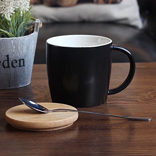 Good quality cup The Cup Ceramic mug with cover of big capacity oatmeal breakfast cup milk minimalist Office Home cups, black + Lid spoon 450ml