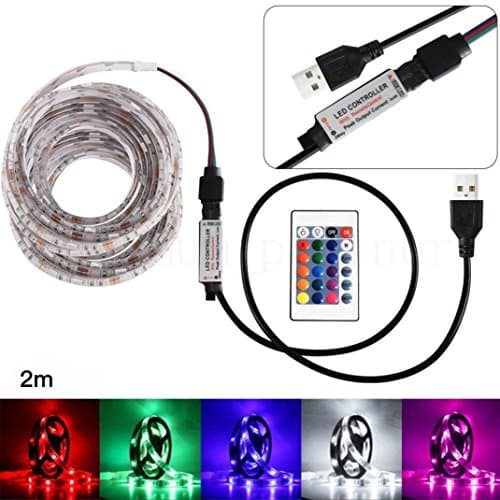 ALISAM 50-200 CM USB LED Strip Light TV Back Lamp 5050RGB Colour Changing LED Strip Lights Kit+24 Keys Remote Control,String Light for TV Lighting Decoration Home Kitchen Cabinet Lighting (200CM)