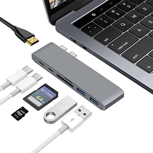 TJ8 USB C Hub Adapter,7 in 1 Dual Type-C Docking Station Thunderbolt 3 Hub for 2016/2017 MacBook Pro with 100W Power Delivery,USB-C Data,4K HDMI,2 USB3.0,SD and MicroSD Card Reader
