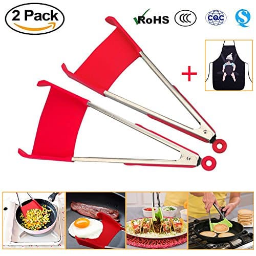 2 Psc Kitchen Premium Silicone Tongs - 2 in 1 Multipurpose Kitchen Spatula and Tongs | Non-Stick, Heat Resistant, Stainless Steel Frame, Handy Utensil For Cooking, Serving, Barbecue, Buffet, Salad, Ice, Oven (Red)