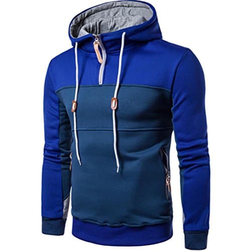 Patchwork Pullover for Men FriendG Long Sleeve Stand Collor T-shirt Casual Stylish Tops Blouse Leisure Party Beach Sweatshirt Gentleman Zipper pocket Sexy Drawstring Outwear (XL, Blue)