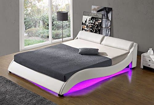 LUXURY Curved HARMIN White Upholstered LED Bed with Slatted frame (King - 150 x 200 cm)