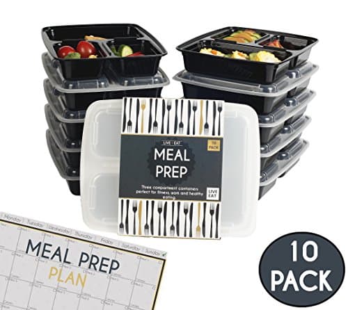 3 Compartment Meal Prep Containers [10 Pack] FREE Meal Planner: Stackable Food Containers, Microwavable, Dishwasher &amp; Freezer Safe, Perfect for portion control, Bodybuilding, Healthy Eating, Lunch Containers, Leak Proof (1L)