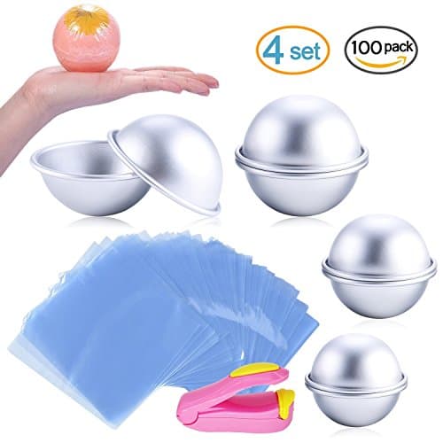 DIY Metal Bath Bomb Mold 3 Size 4 Set - with 100 pcs Shrink Wrap Bags 6 x 6 Inch - LUOJI Mini Sealer - for Bath Bomb Making, Handmade Soaps and Crafts