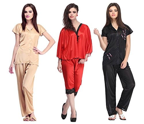 Miss Pixy Women's Solid Full Length Top, Pyjama & Capri Set Of 3 Poly Satin Nightsuits Night Wear Dress