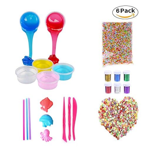 Slime DIY Kit, 6 Pack Crystal Clay Mud with 15000PCS Colorful Foam Balls, 1000PCS Fruit Face Decoration, 6 Bottles Glitter Shaker Jars, Magic Transparent Plasticine Toys for Adults and Children