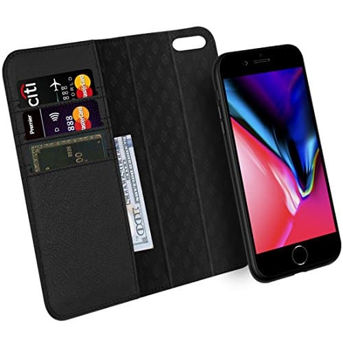 ZOVER iPhone 7 8 Case Genuine Leather Luxury Series Support Wireless Charging Magnetic Car Mount Holder Detachable Wallet Case Kickstand Feature Card Slots Magnetic Closure Gift Box Black