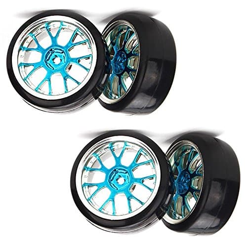Yiguo Blue Plating Plastic Y Shape Wheel Rim with Smooth Tires for RC 1:10 Racing Car &amp; Drift Car Set Of 4