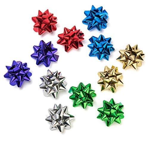Decorative Metallic Gift Wrap Bows: Six Assorted Colours for All Occasions - 12 Large 9 cm Bows in Storage Box - 2 of Each of Colour - Red, Green, Blue, Gold, Silver, Purple for Gift Wrapping