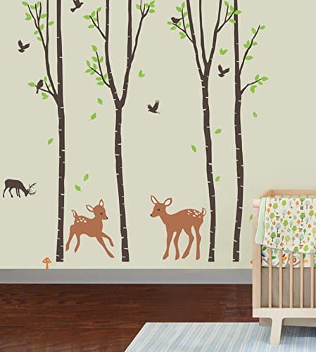 CherryCreek Giant Wall Sticker Decals - Birch Tree Forest with Deers and Flying Birds Baby (trees are 6 feet tall)