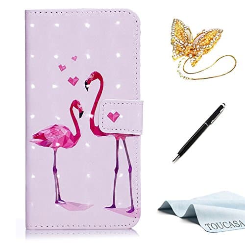 TOUCASA® Huawei P9 Lite case,Huawei P9 Lite case,Leather Wallet Magnetic Case Card Slots Cash Holder Kickstand pu Flip Book Case with [3D Bling Glitter Smooth Surface][Cute Animal Unicorn Butterfly Owl] Design for Huawei P9 Lite + Free Touch Stylus Pen &amp; Dust Plug-Flamingo