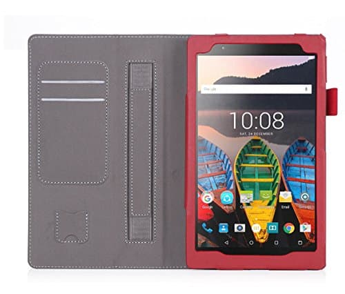 UTRO Lenovo P8 8.0 Case / Lenovo Tab3 8 Plus Case - Protective PU Leather Folio Stand Cover Case with Hand Strap and Card Slots for Lenovo P8 8.0" and Lenovo Tab3 8 Plus TB-8703 Tablet (Red)