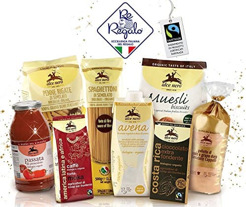 Bio organic Hamper Alce Nero: extra dark chocolate, oat drink, muesli biscuits, tomato puree, wheat and organic cake, spaghettoni, penne pasta, arabica cofee, recipes book